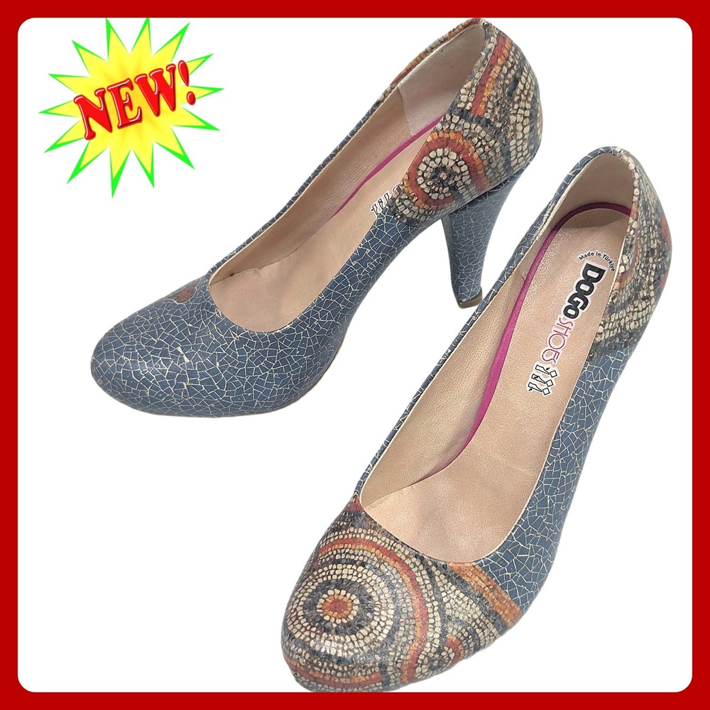 DOGO Shoes Mosaic Print Women Pumps Art Heel Blue Multi US 7 EU 37 New